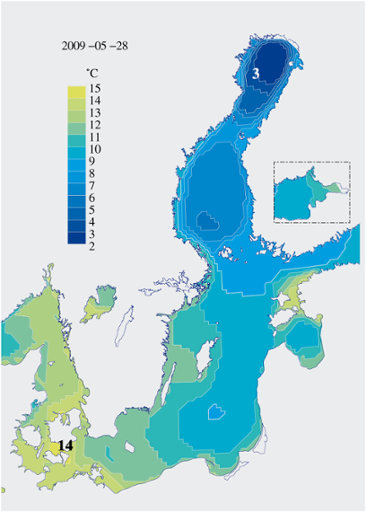 Karta över isutbredning och ytvattentemperatur i havet 28 maj 2009