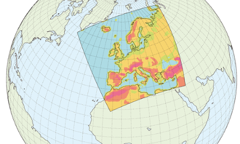 Bilden visar ett exempel på en modelldomän över Europa i en klimatmodell.