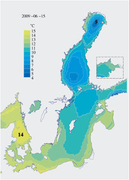 Karta över ytvattentemperatur i havet juni 2009