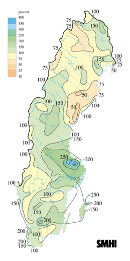 Karta över nederbörd i procent av det normala under juni 2009