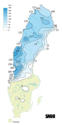 Karta över snötäckets beräknade vattenvärde 22 januari 2008