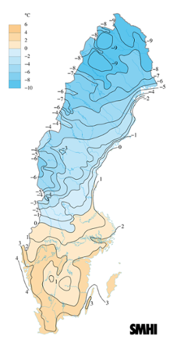 Karta över medeltemperaturen i januari 2008