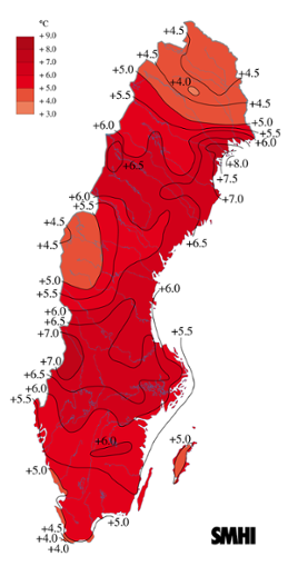 Medeltemperaturens avvikelse från det normala i februari 2008