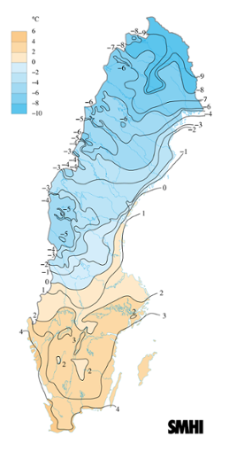 Karta över medeltemperaturen i februari 2008