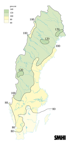 Karta över beräknade markvattenhalt i procent av den normala, 22 maj 2008