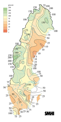 Karta över nederbörd i procent av det normala under maj 2008