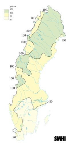 Karta över beräknade markvattenhalt i procent av den normala, 23 juni 2008