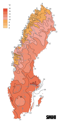 Karta över medeltemperaturen i juni 2008