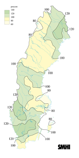 Karta över beräknade markvattenhalt i procent av den normala, 21 juli 2008
