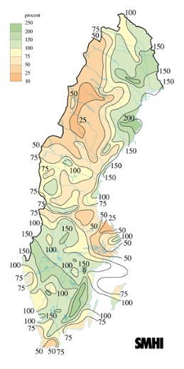Karta över nederbörd i procent av det normala under juli 2008