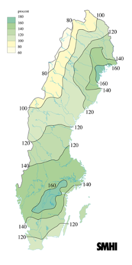 Karta över beräknade markvattenhalt i procent av den normala, 22 augusti 2008