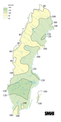 Karta över beräknade markvattenhalt i procent av den normala, 22 september 2008