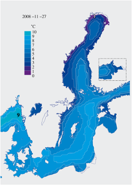 Karta över isutbredning och ytvattentemperatur i havet 27 november 2008 