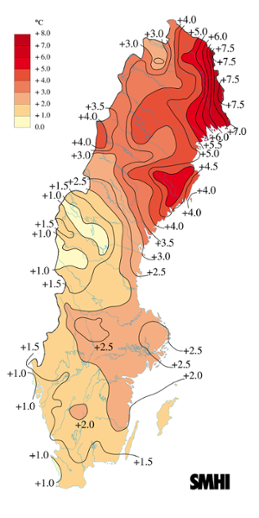 Medeltemperaturens avvikelse från det normala i december 2008