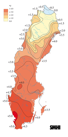 Medeltemperaturens avvikelse från det normala i januari 2007