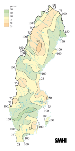 Karta över nederbörd i procent av det normala under mars 2007