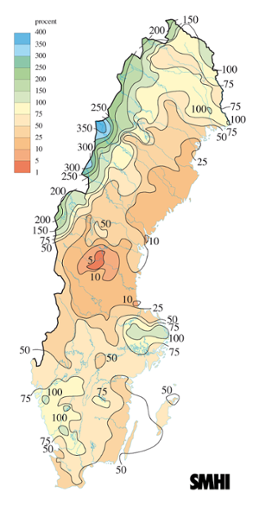 Karta över nederbörd i procent av det normala under april 2007