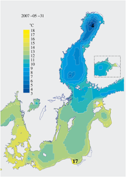 Karta över isutbredning och ytvattentemperatur i havet 31 maj 2007 