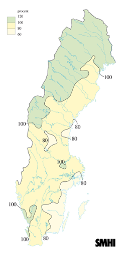 Karta över beräknade markvattenhalt i procent av den normala, 29 maj 2007