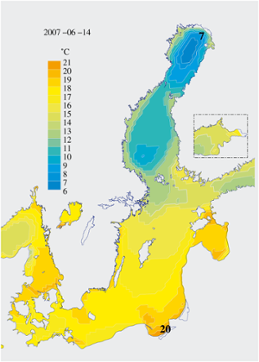 Karta över ytvattentemperatur i havet 14 juni 2007