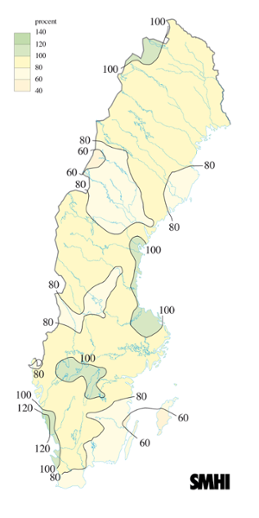 Karta över beräknade markvattenhalt i procent av den normala, 21 juni 2007