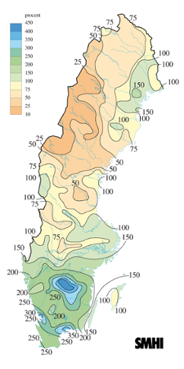 Karta över nederbörd i procent av det normala under juni 2007