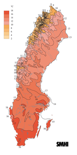 Karta över medeltemperaturen i juni 2007