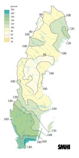 Karta över beräknade markvattenhalt i procent av den normala, 24 juli 2007