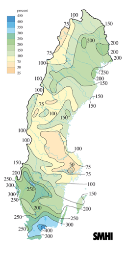 Karta över nederbörd i procent av det normala under juli 2007