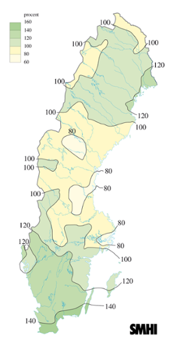 Karta över beräknade markvattenhalt i procent av den normala, 24 augusti 2007