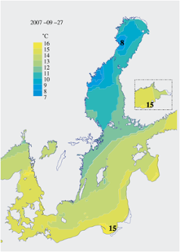 Karta över ytvattentemperatur i havet 27 september 2007 