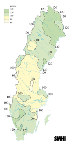 Karta över beräknade markvattenhalt i procent av den normala, 25 september 2007