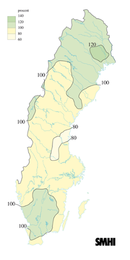 Karta över beräknade markvattenhalt i procent av den normala, 24 oktober 2007