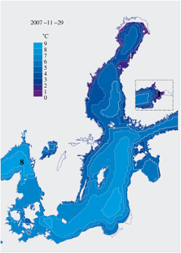 Karta över isutbredning och ytvattentemperatur i havet 29 november 2007 