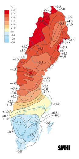 Medeltemperaturens avvikelse från det normala i januari 2006