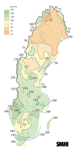 Karta över nederbörd i procent av det normala under februari 2006