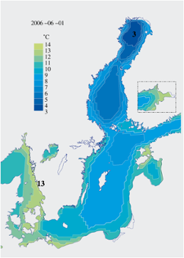 Karta över isutbredning och ytvattentemperatur i havet 1 juni 2006