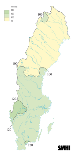 Karta över beräknade markvattenhalt i procent av den normala, 22 maj 2006