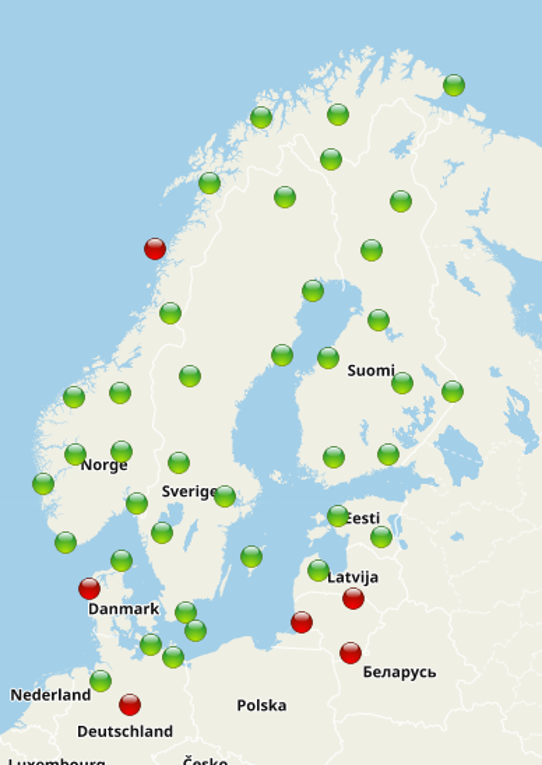 Karta över blixtsensorer i Norden.