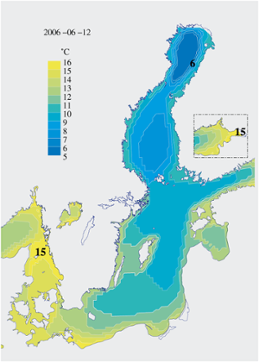 Karta över ytvattentemperatur i havet 12 juni 2006