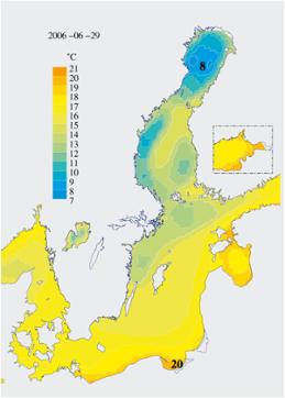 Karta över ytvattentemperatur i havet 29 juni 2006 