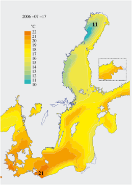 Karta över ytvattentemperatur i havet 17 juli 2006