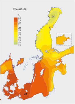 Karta över ytvattentemperatur i havet 31 juli 2006 