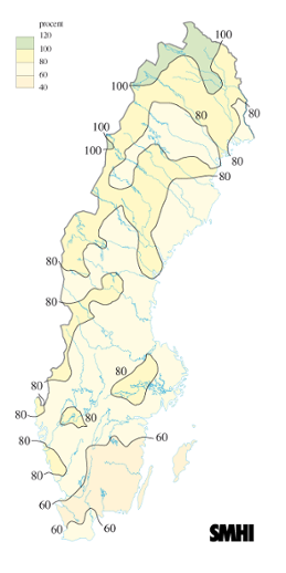 Karta över beräknade markvattenhalt i procent av den normala, 21 juli 2006