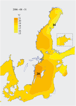 Karta över ytvattentemperatur i havet 31 augusti 2006 