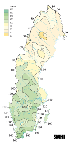 Karta över beräknade markvattenhalt i procent av den normala, 21 augusti 2006