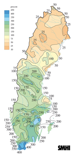 Karta över nederbörd i procent av det normala under augusti 2006