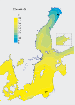Karta över ytvattentemperatur i havet 28 september 2006 
