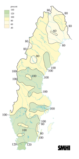 Karta över beräknade markvattenhalt i procent av den normala, 21 september 2006