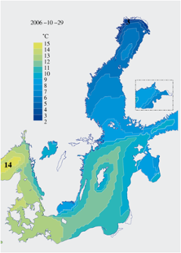 Karta över ytvattentemperatur i havet 29 oktober 2006 